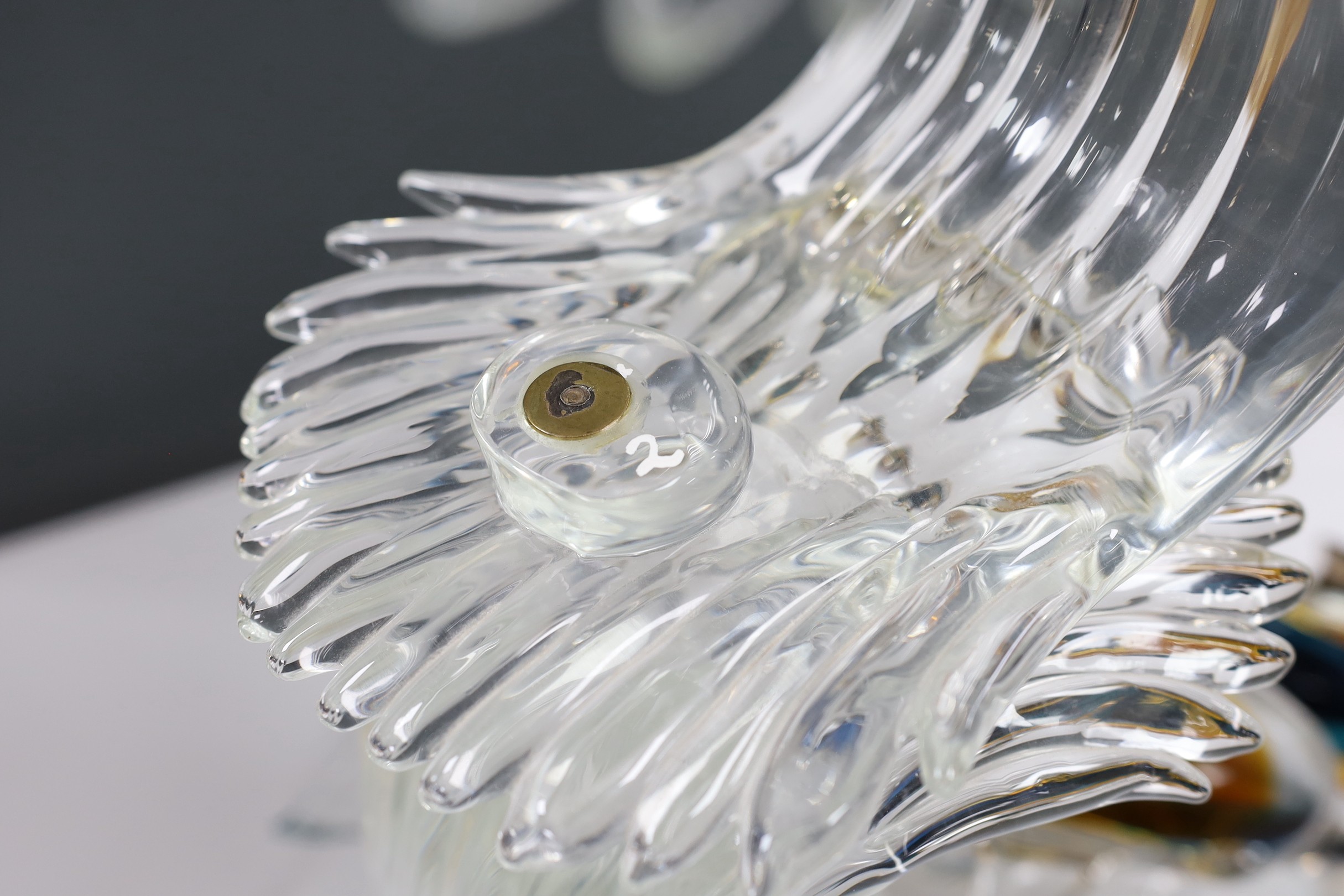 A large Murano Sommerso glass double Dolphin sculpture by Oscar Zanetti, engraved signature and paper label, minor faults to one dolphin, 61cm high